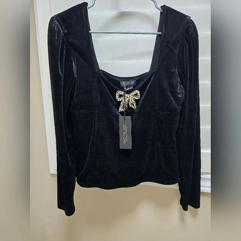 Rachel Zoe Velvet Black Blouse Long Sleeve Holliday Party Crystal Bow size L